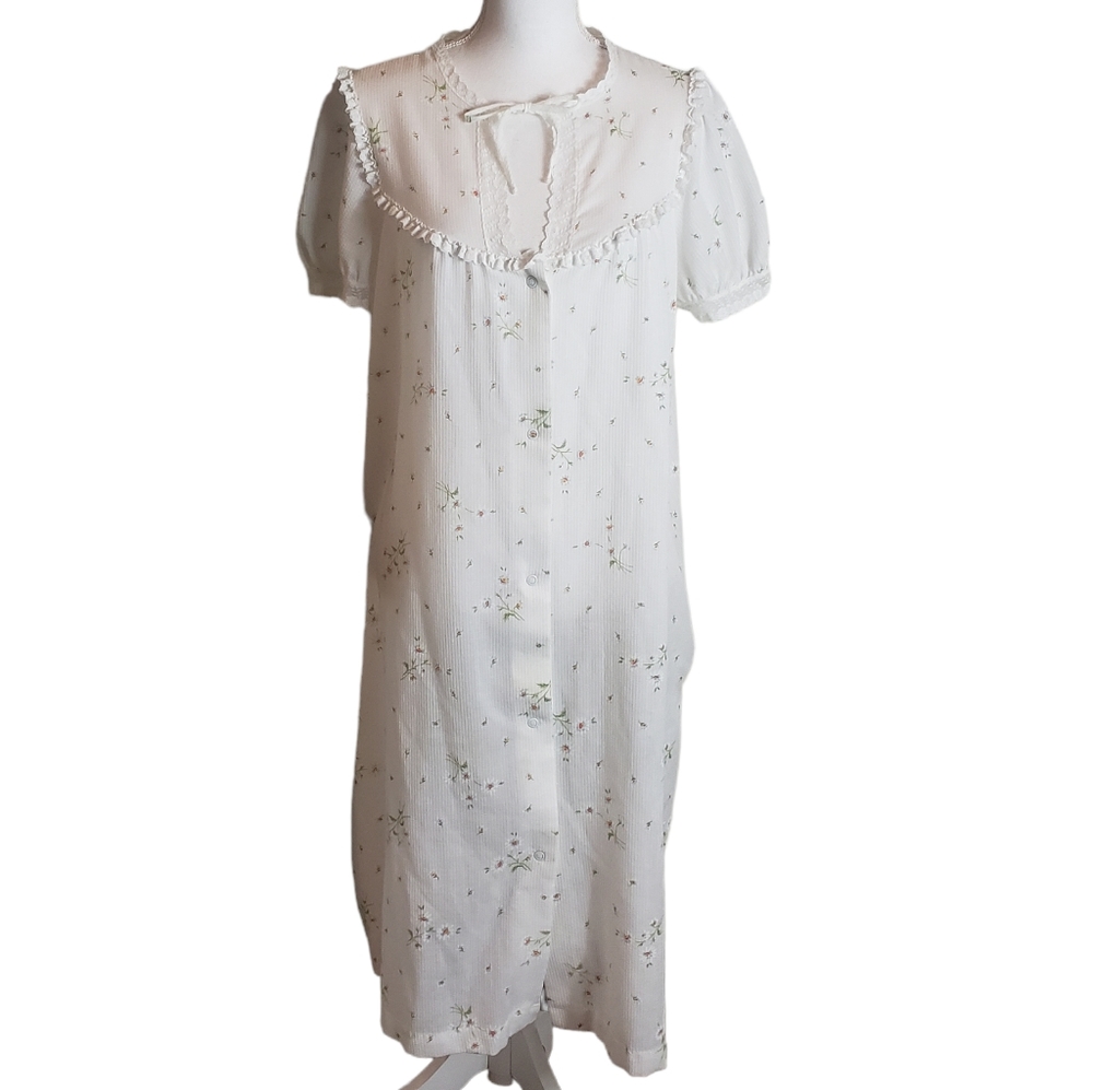Vintage Miss Elaine Floral Print Midi Nightgown Sz Small Lace Trim Cottagecore